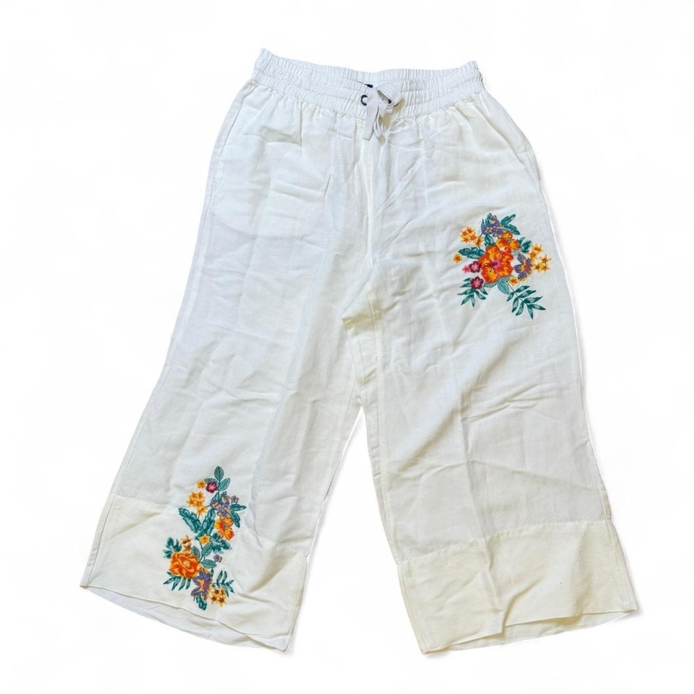 NWOT Roaman’s White Linen Blend Floral Vacation Coastal Embroidered Pants, Sz 14